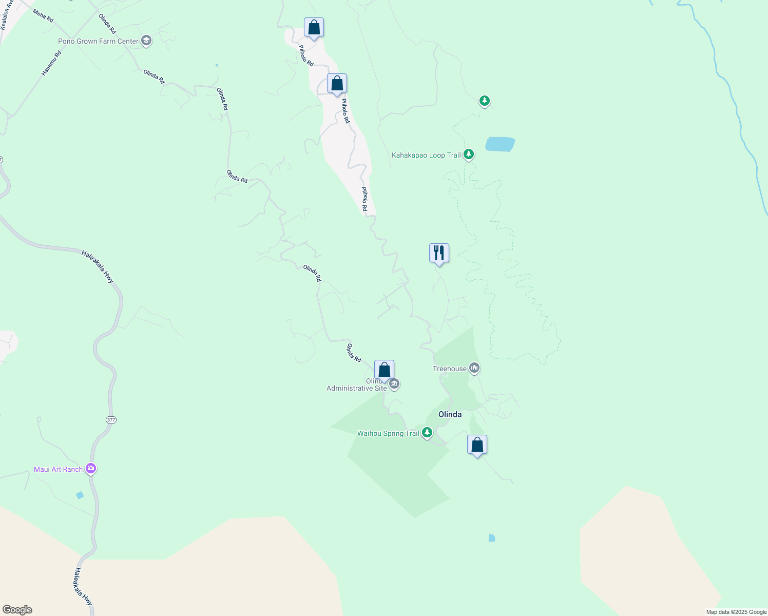 map of restaurants, bars, coffee shops, grocery stores, and more near 55 Naniuka Place in Makawao
