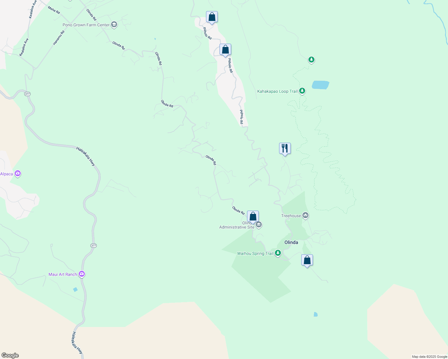 map of restaurants, bars, coffee shops, grocery stores, and more near 1955 Olinda Road in Makawao