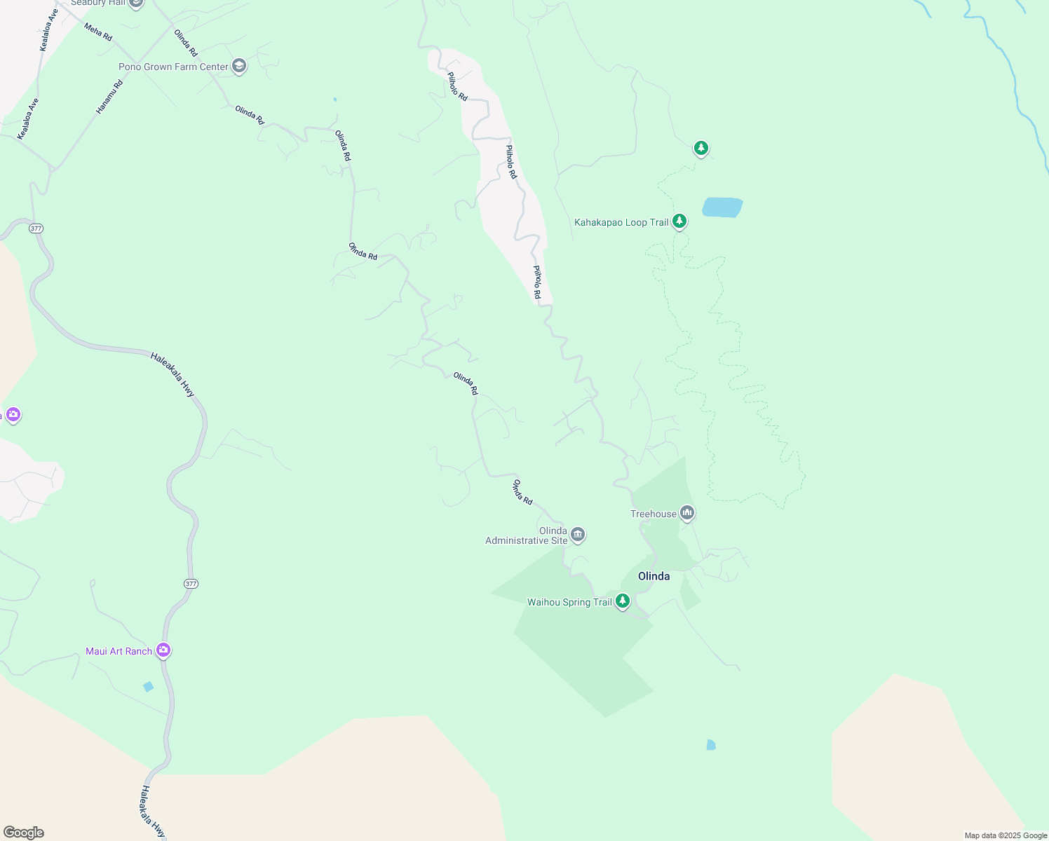 map of restaurants, bars, coffee shops, grocery stores, and more near 1879 Olinda Road in Makawao