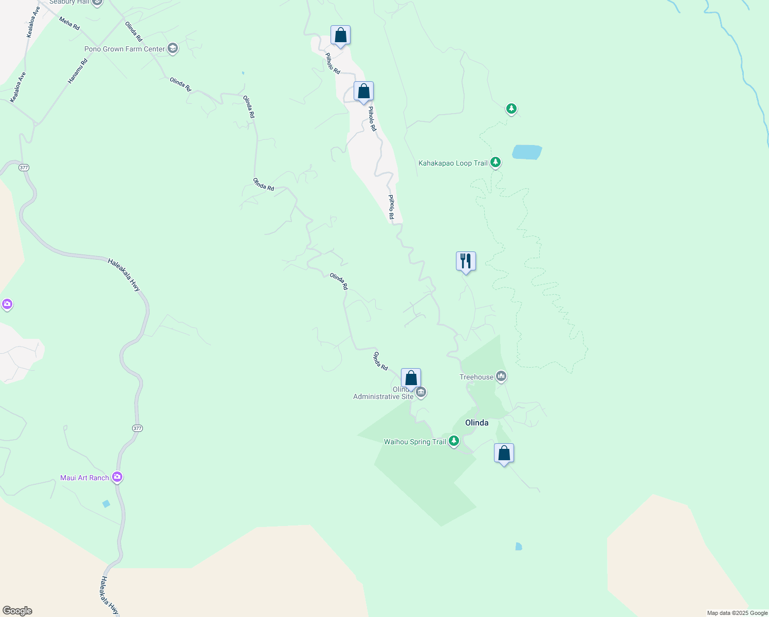map of restaurants, bars, coffee shops, grocery stores, and more near 1879 Olinda Road in Makawao
