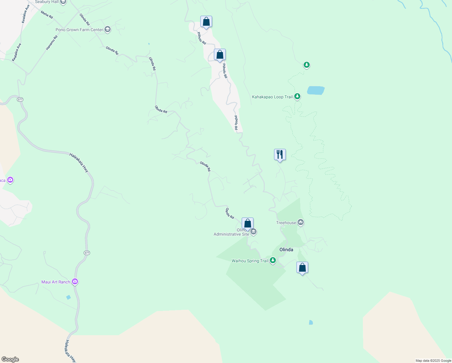 map of restaurants, bars, coffee shops, grocery stores, and more near 1879 Olinda Road in Makawao