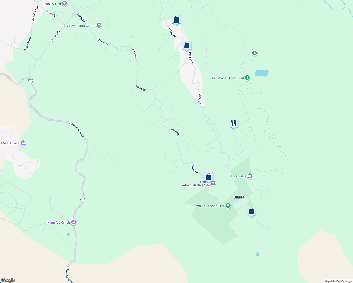 map of restaurants, bars, coffee shops, grocery stores, and more near 1854 Olinda Road in Makawao