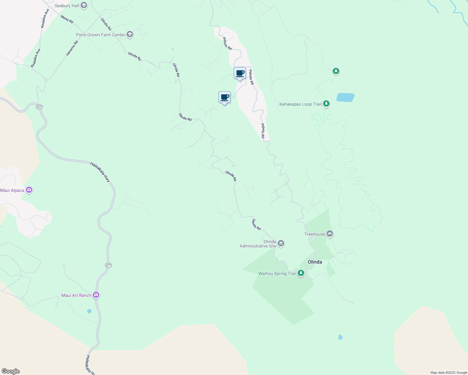 map of restaurants, bars, coffee shops, grocery stores, and more near 1860 Olinda Road in Makawao