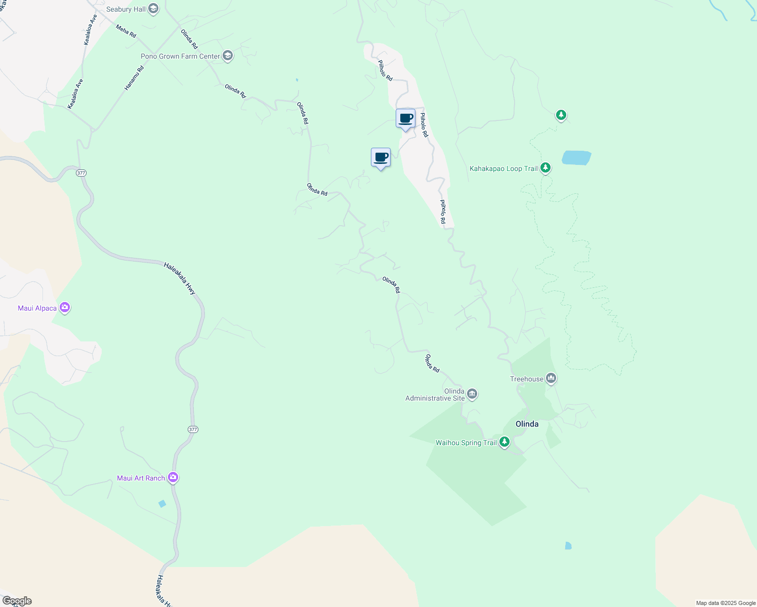 map of restaurants, bars, coffee shops, grocery stores, and more near 1860 Olinda Road in Makawao