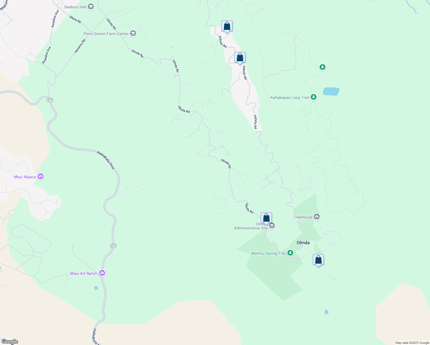 map of restaurants, bars, coffee shops, grocery stores, and more near 1854 Olinda Road in Makawao