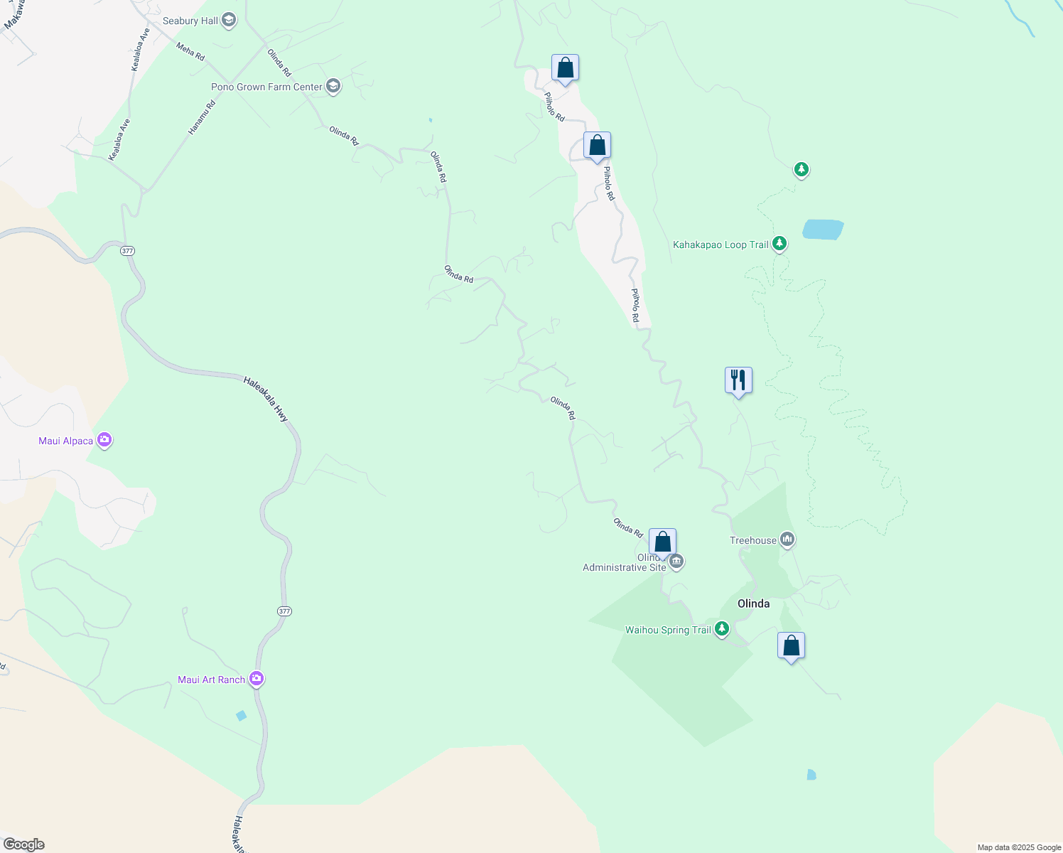 map of restaurants, bars, coffee shops, grocery stores, and more near 1854 Olinda Road in Makawao