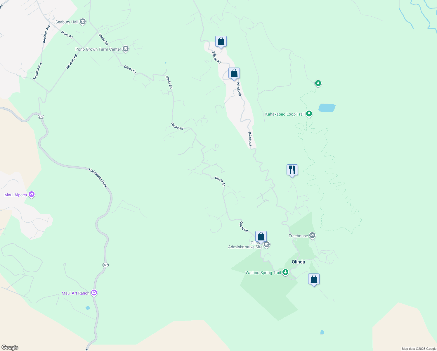 map of restaurants, bars, coffee shops, grocery stores, and more near 1755 Olinda Road in Makawao