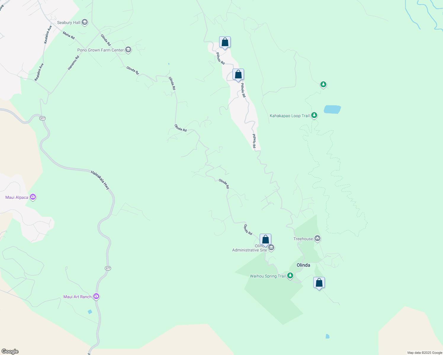 map of restaurants, bars, coffee shops, grocery stores, and more near 1755 Olinda Road in Makawao
