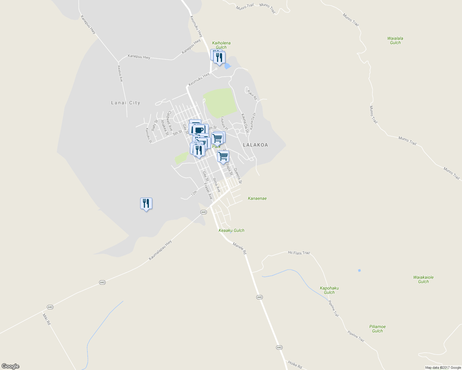 map of restaurants, bars, coffee shops, grocery stores, and more near 1254 Mana Street in Lanai City