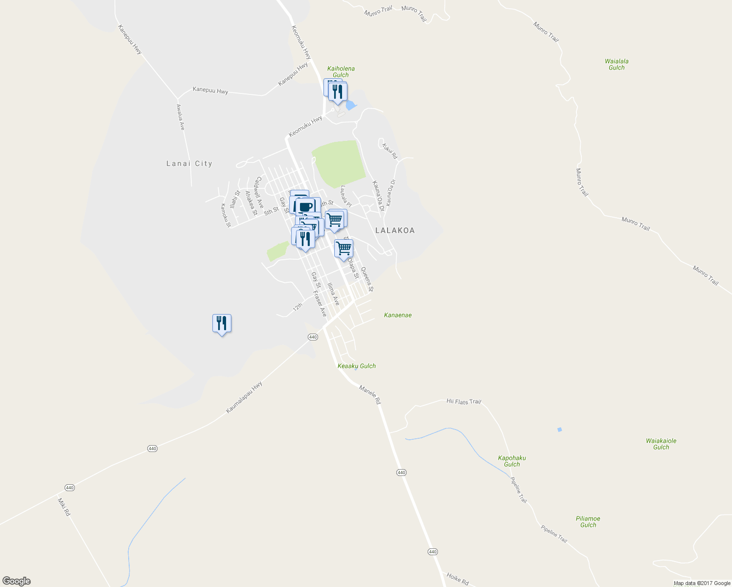 map of restaurants, bars, coffee shops, grocery stores, and more near 1270 Olapa Street in Paia