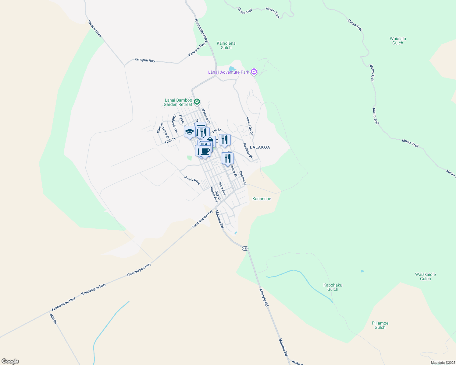 map of restaurants, bars, coffee shops, grocery stores, and more near 1203 Lanai Avenue in Lanai City