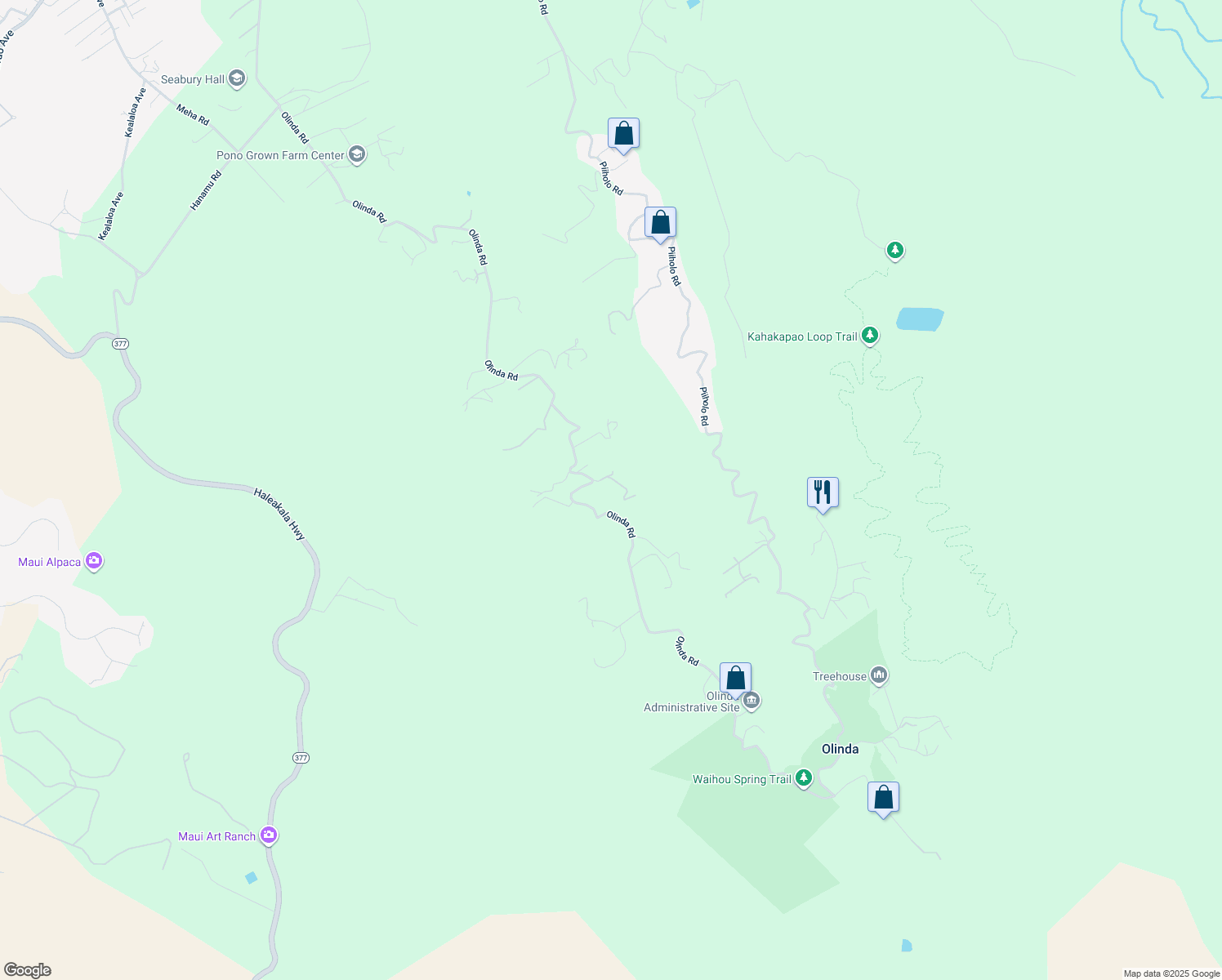 map of restaurants, bars, coffee shops, grocery stores, and more near 1601 Olinda Road in Makawao