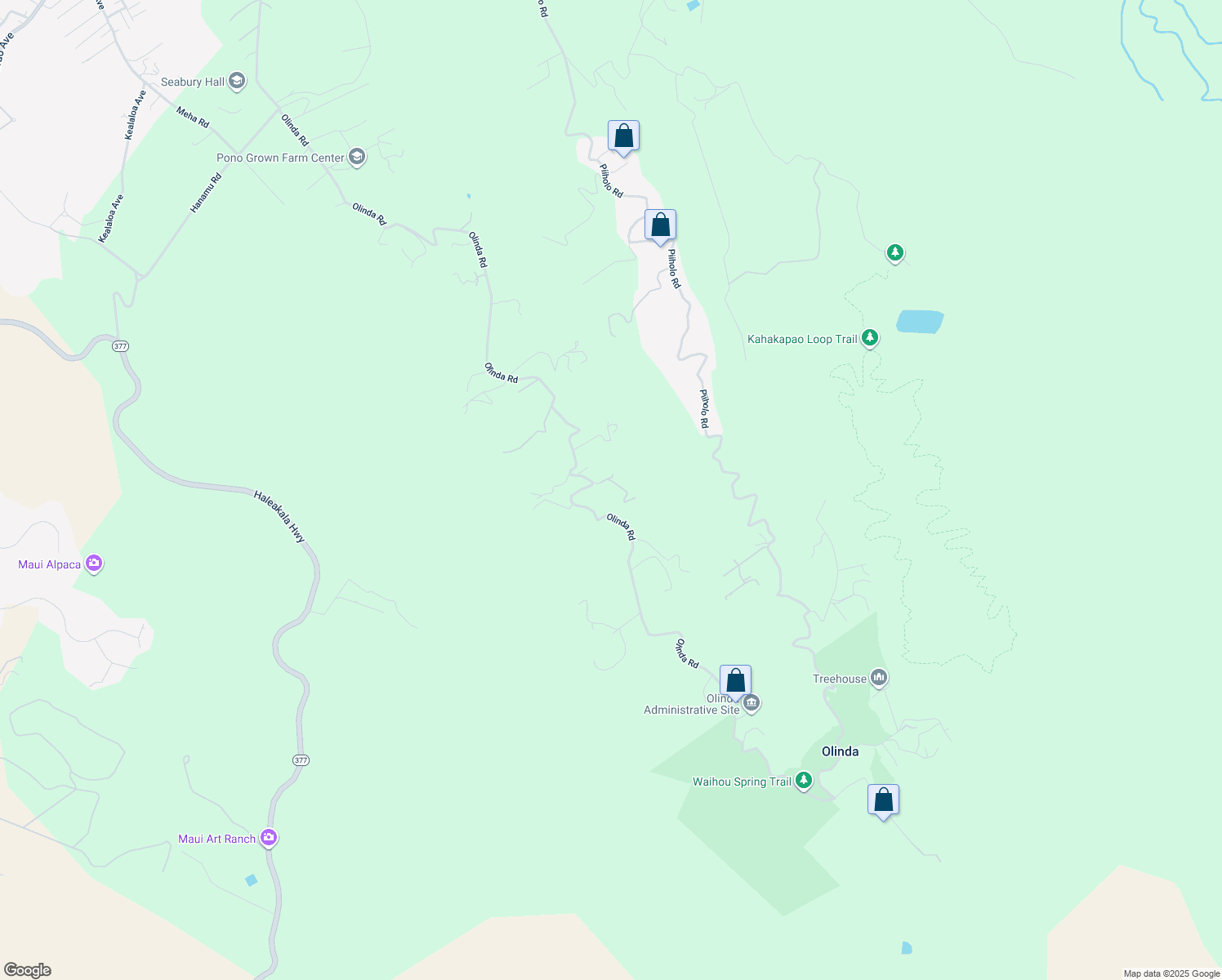 map of restaurants, bars, coffee shops, grocery stores, and more near 1601 Olinda Road in Makawao