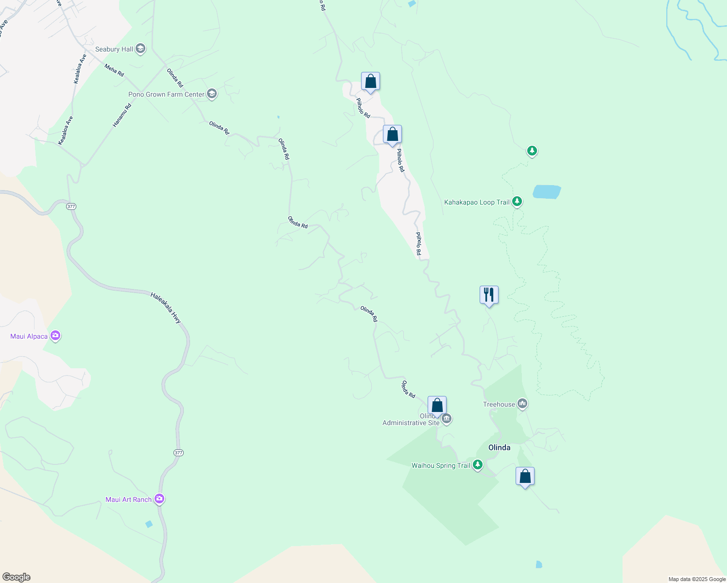 map of restaurants, bars, coffee shops, grocery stores, and more near 1601 Olinda Road in Makawao