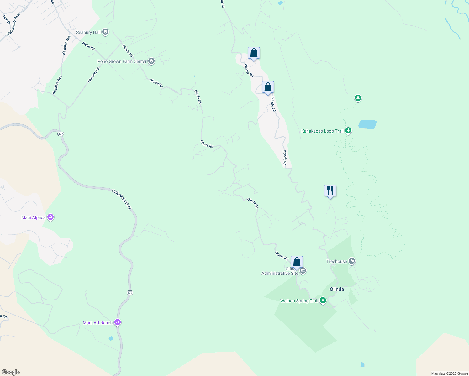 map of restaurants, bars, coffee shops, grocery stores, and more near 1630 Olinda Road in Makawao