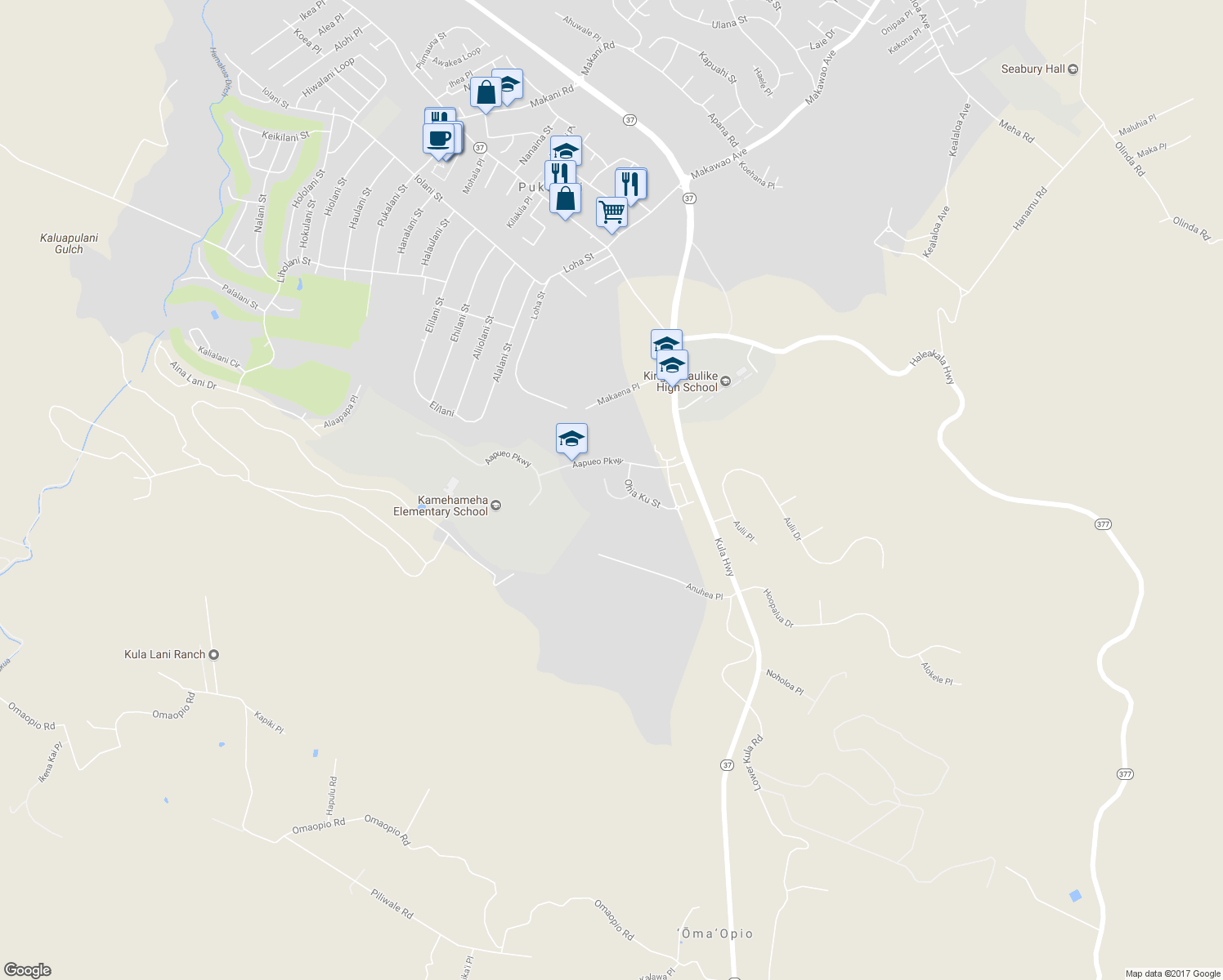 map of restaurants, bars, coffee shops, grocery stores, and more near 28 Ohia Lehua Place in Makawao