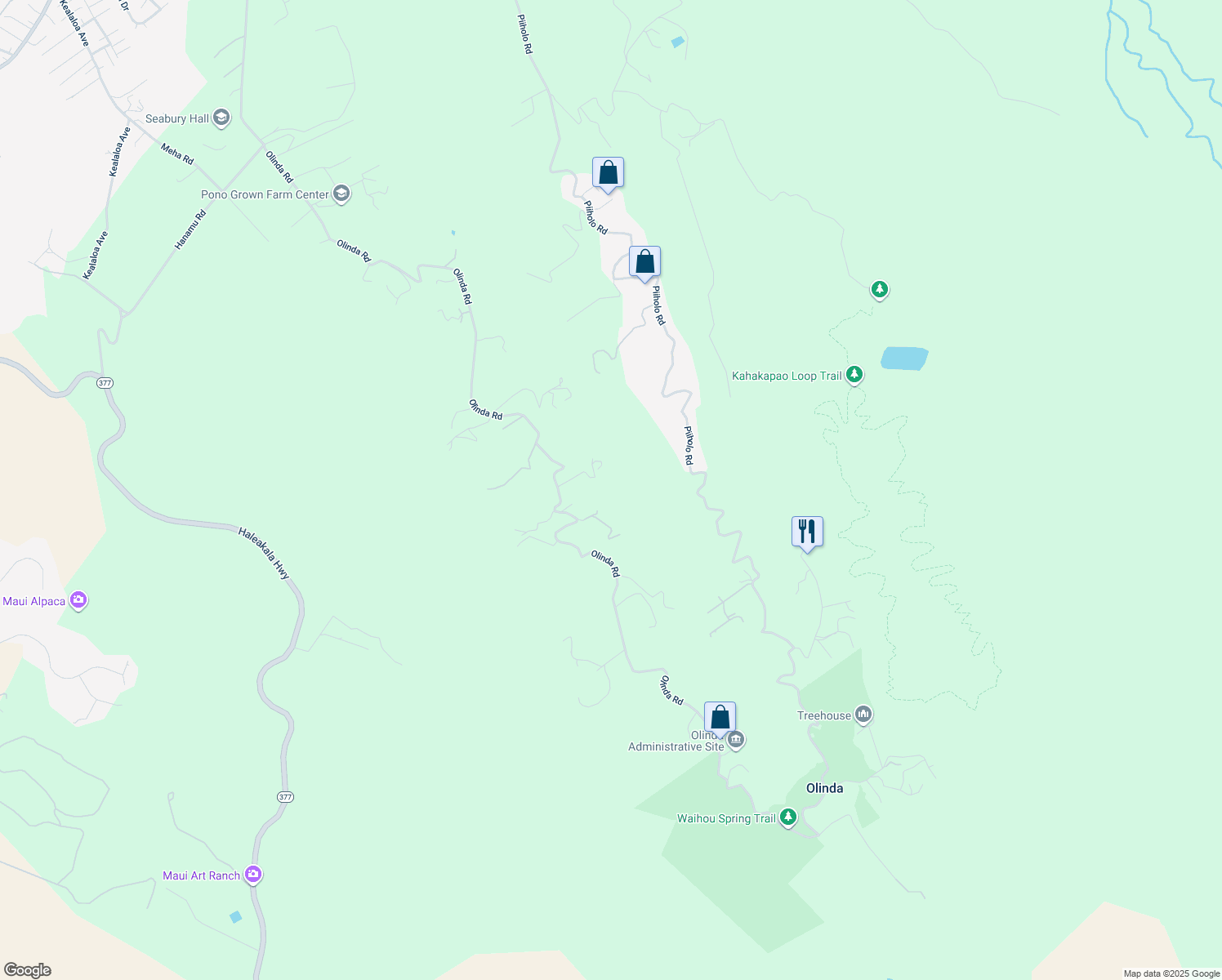 map of restaurants, bars, coffee shops, grocery stores, and more near 25 Lumahai Place in Makawao