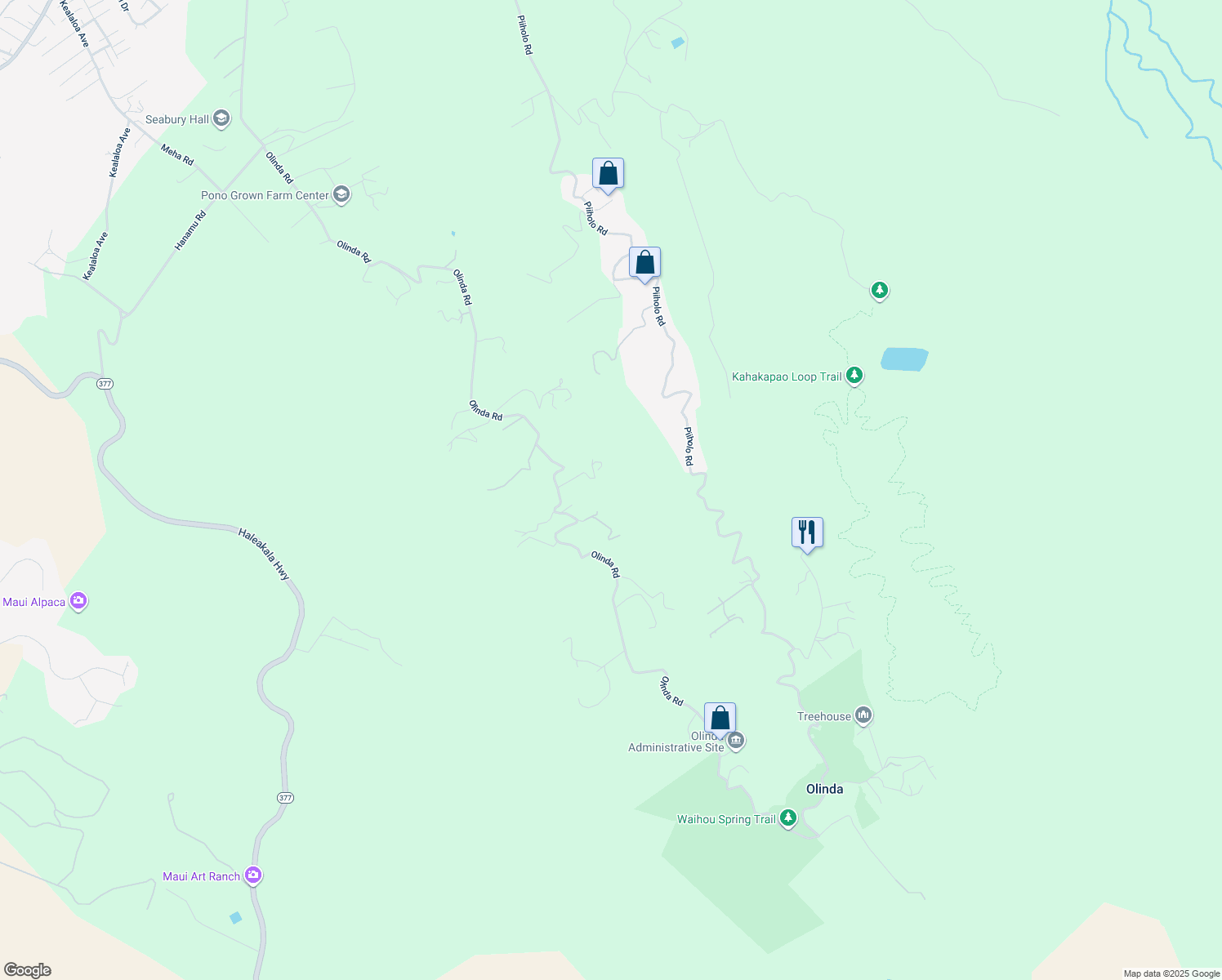 map of restaurants, bars, coffee shops, grocery stores, and more near 25 Lumahai Place in Makawao