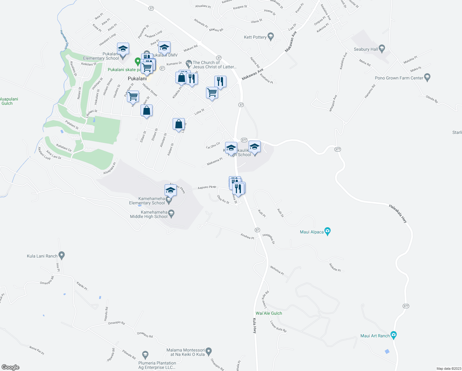 map of restaurants, bars, coffee shops, grocery stores, and more near 54 Kuinehe Place in Makawao
