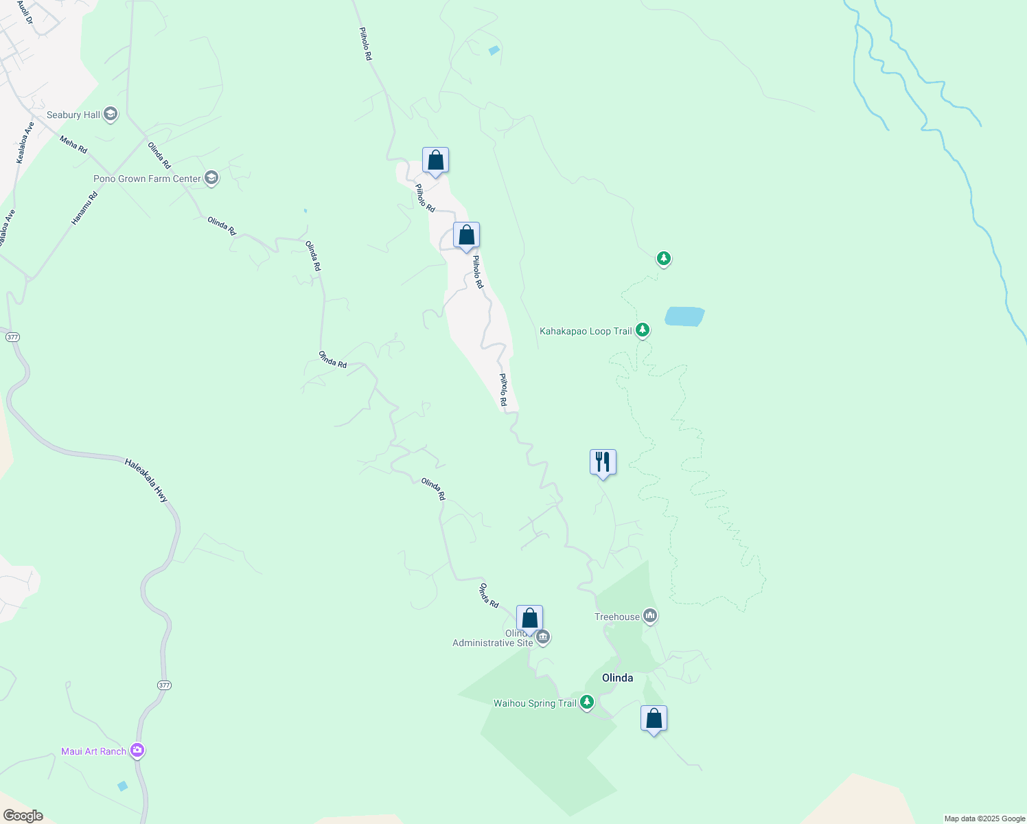 map of restaurants, bars, coffee shops, grocery stores, and more near 1833 Piiholo Road in Makawao