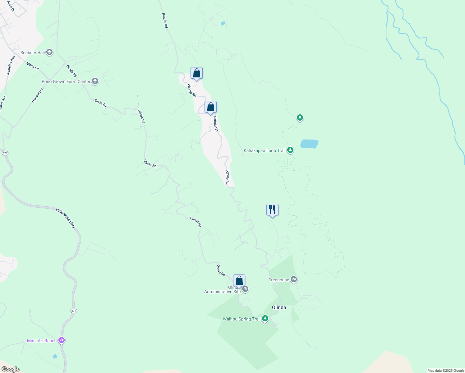 map of restaurants, bars, coffee shops, grocery stores, and more near 1833 Piiholo Road in Makawao
