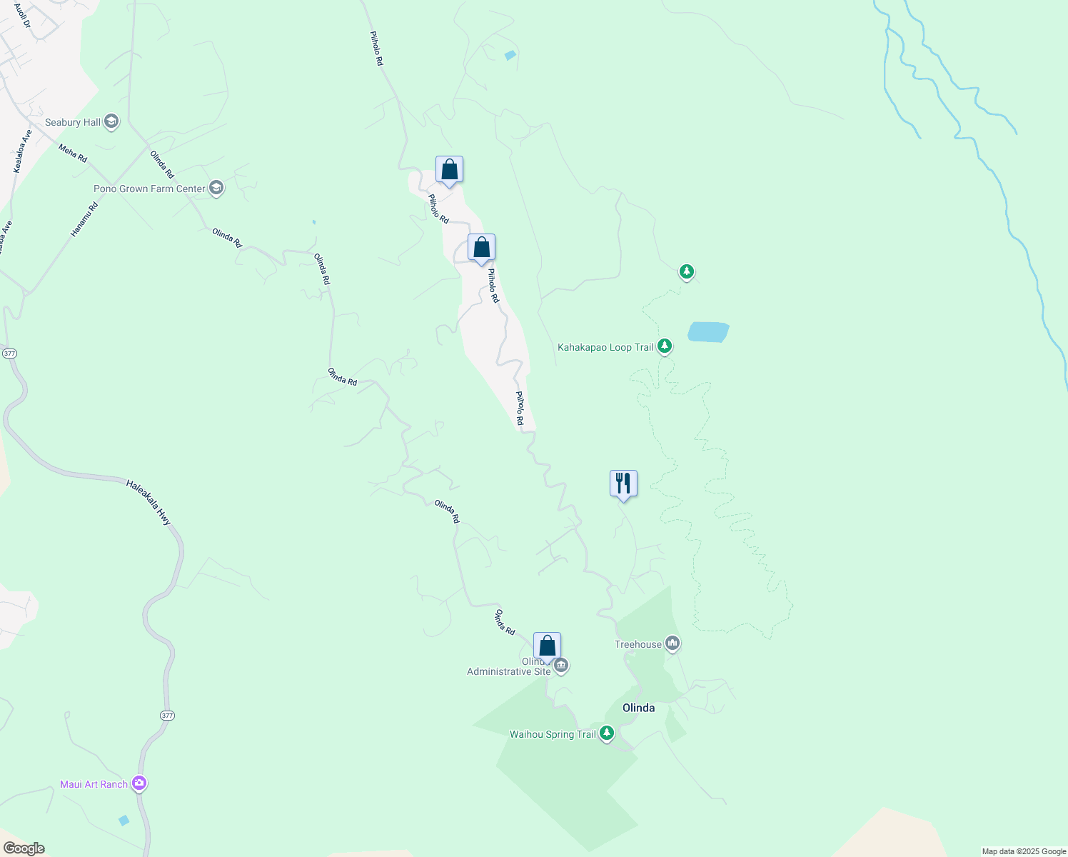 map of restaurants, bars, coffee shops, grocery stores, and more near 1853 Piiholo Road in Makawao