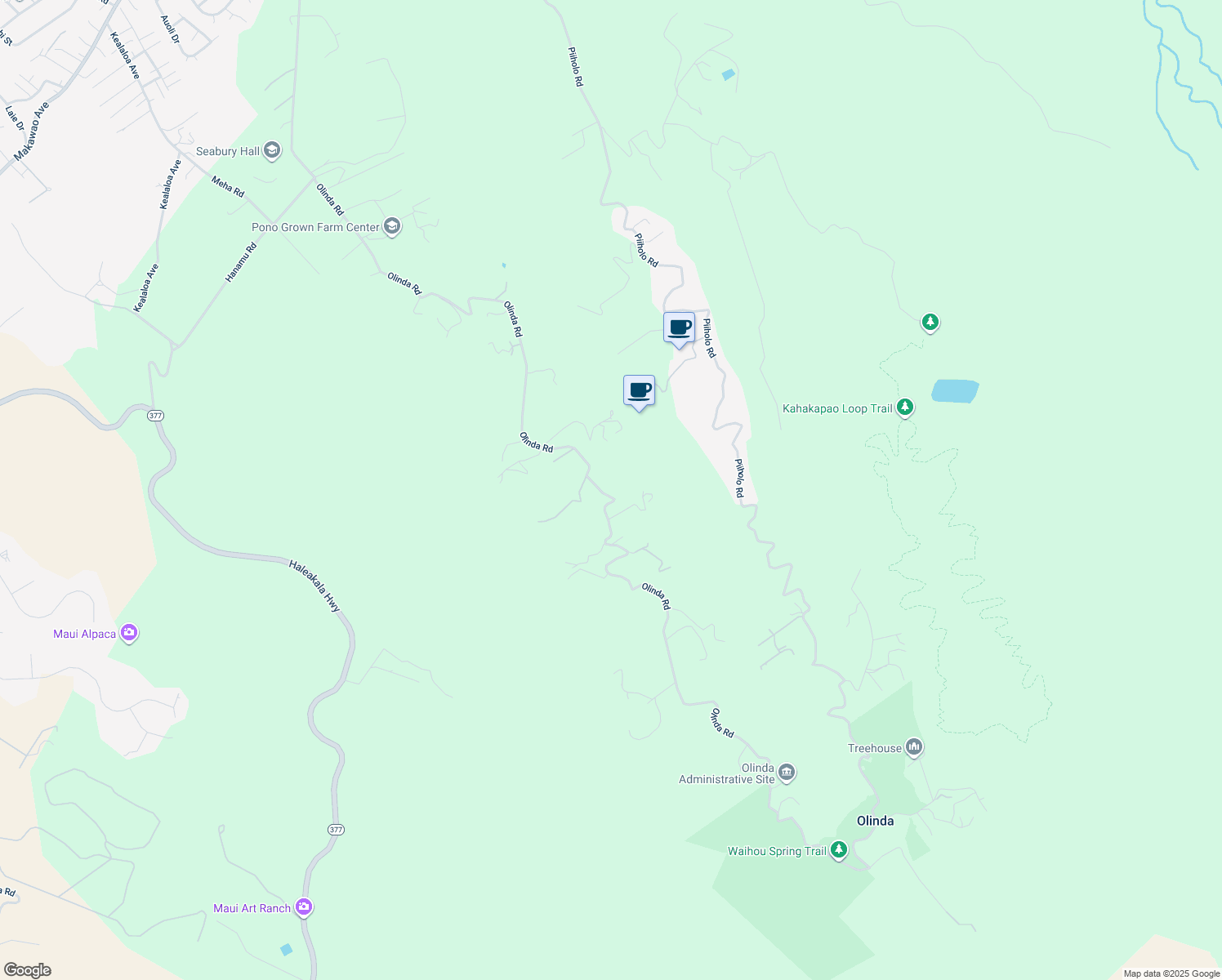 map of restaurants, bars, coffee shops, grocery stores, and more near 1465 Olinda Road in Makawao