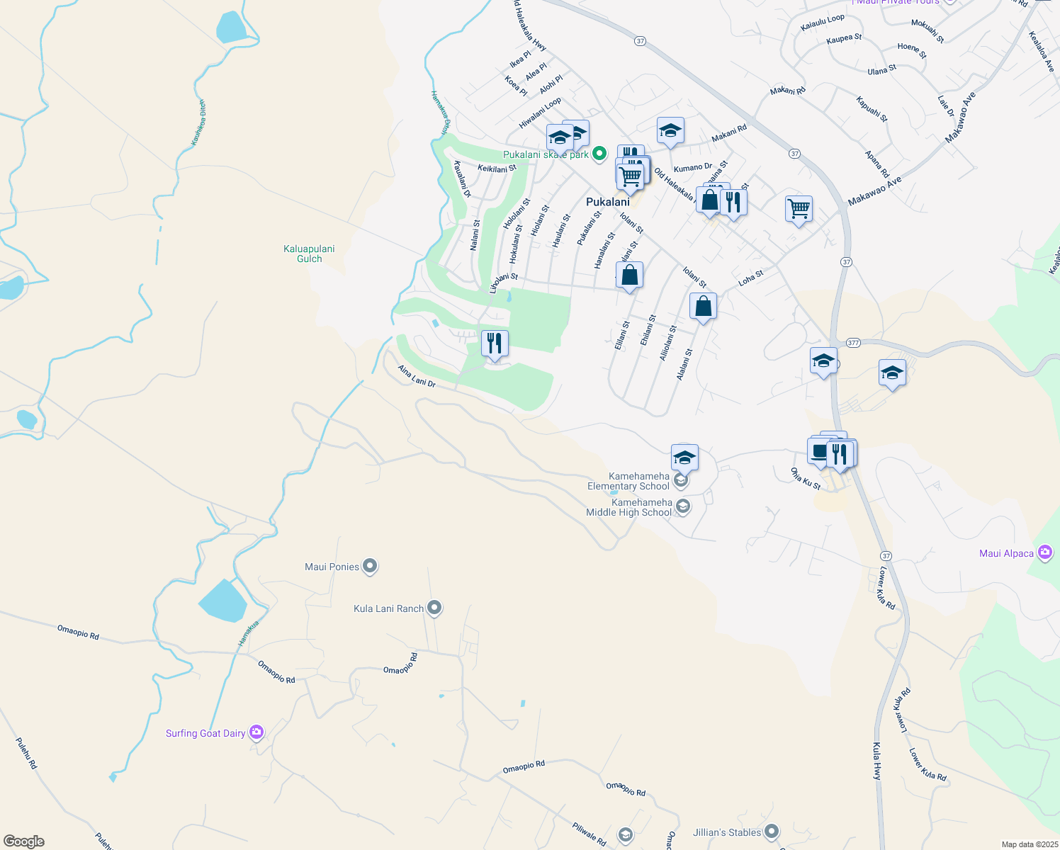 map of restaurants, bars, coffee shops, grocery stores, and more near 36 Alaapapa Place in Makawao