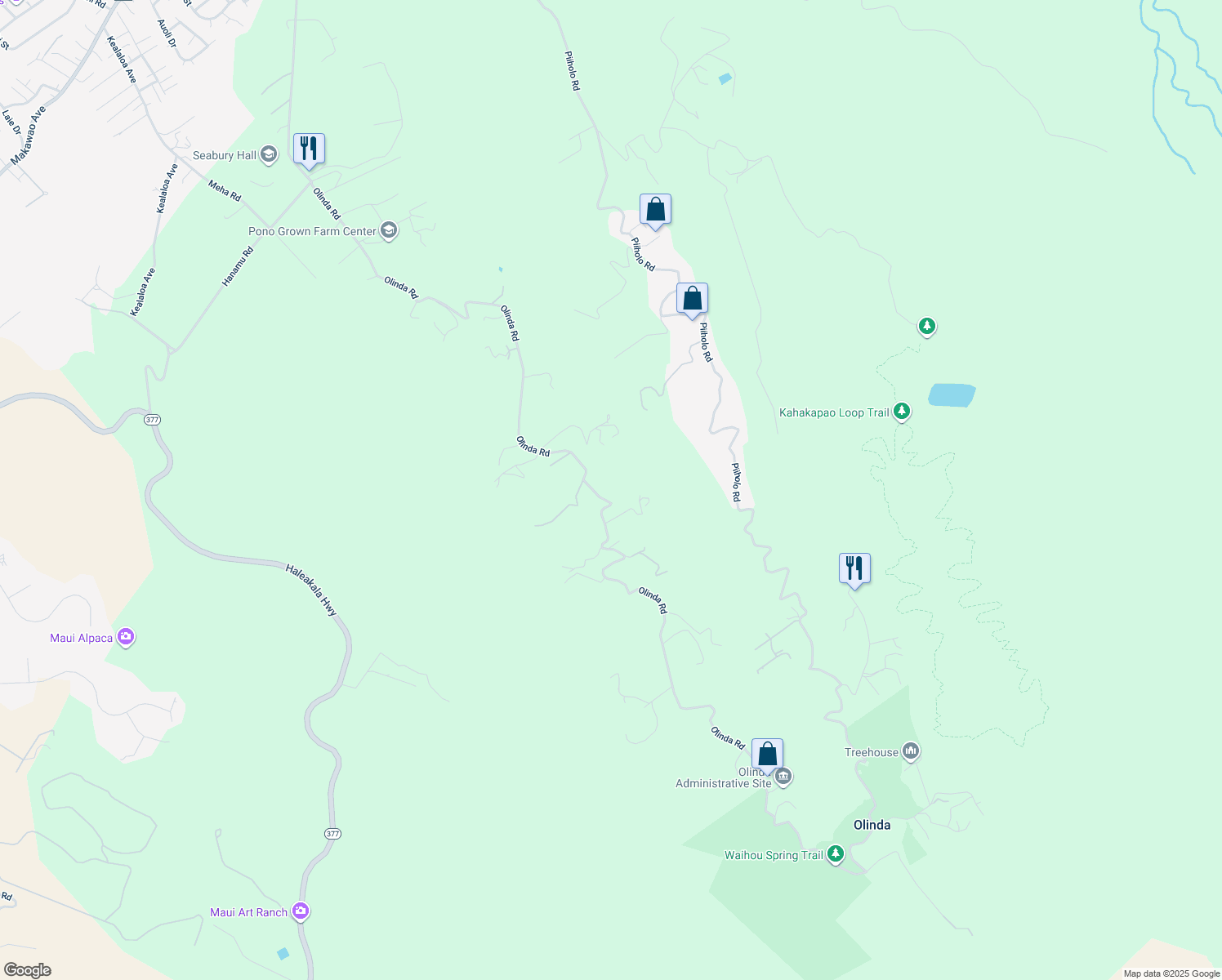 map of restaurants, bars, coffee shops, grocery stores, and more near 1465 Olinda Road in Makawao