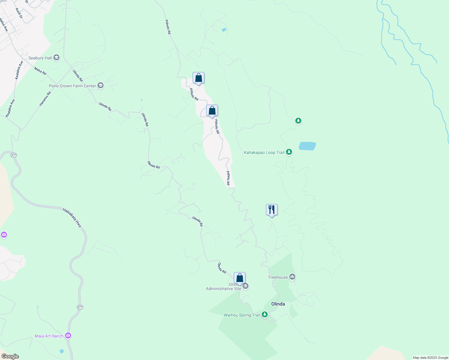 map of restaurants, bars, coffee shops, grocery stores, and more near 1740 Piiholo Road in Makawao