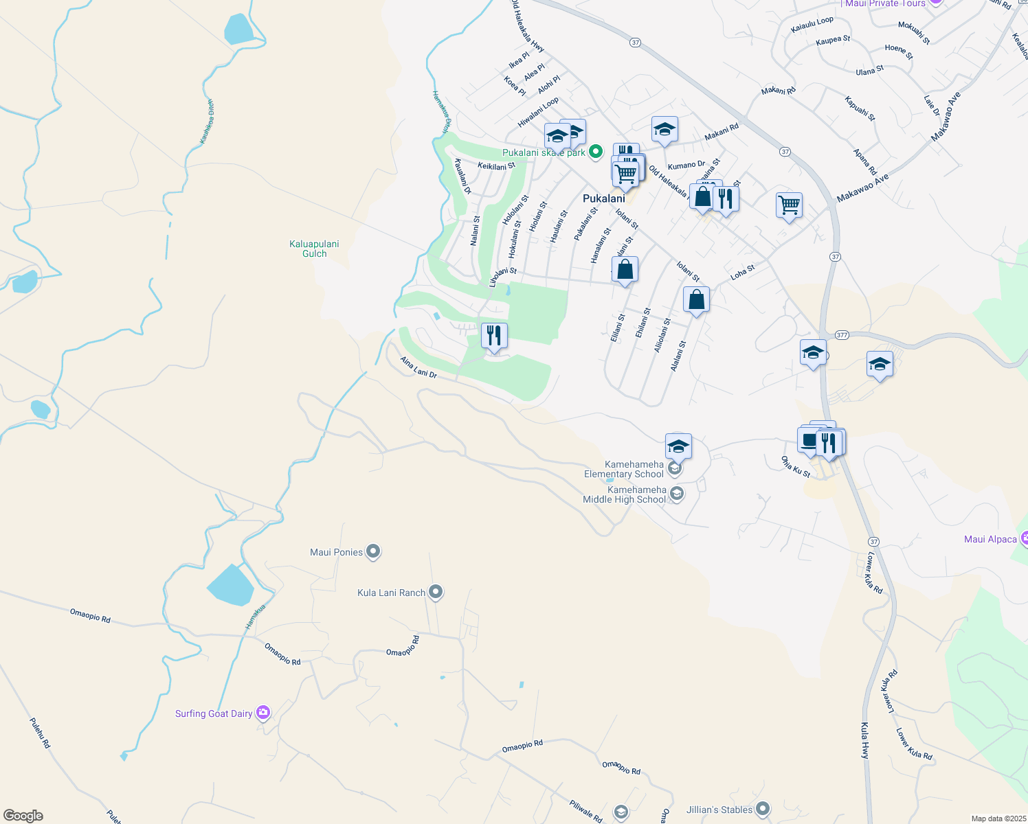 map of restaurants, bars, coffee shops, grocery stores, and more near 3028 Aina Lani Drive in Makawao