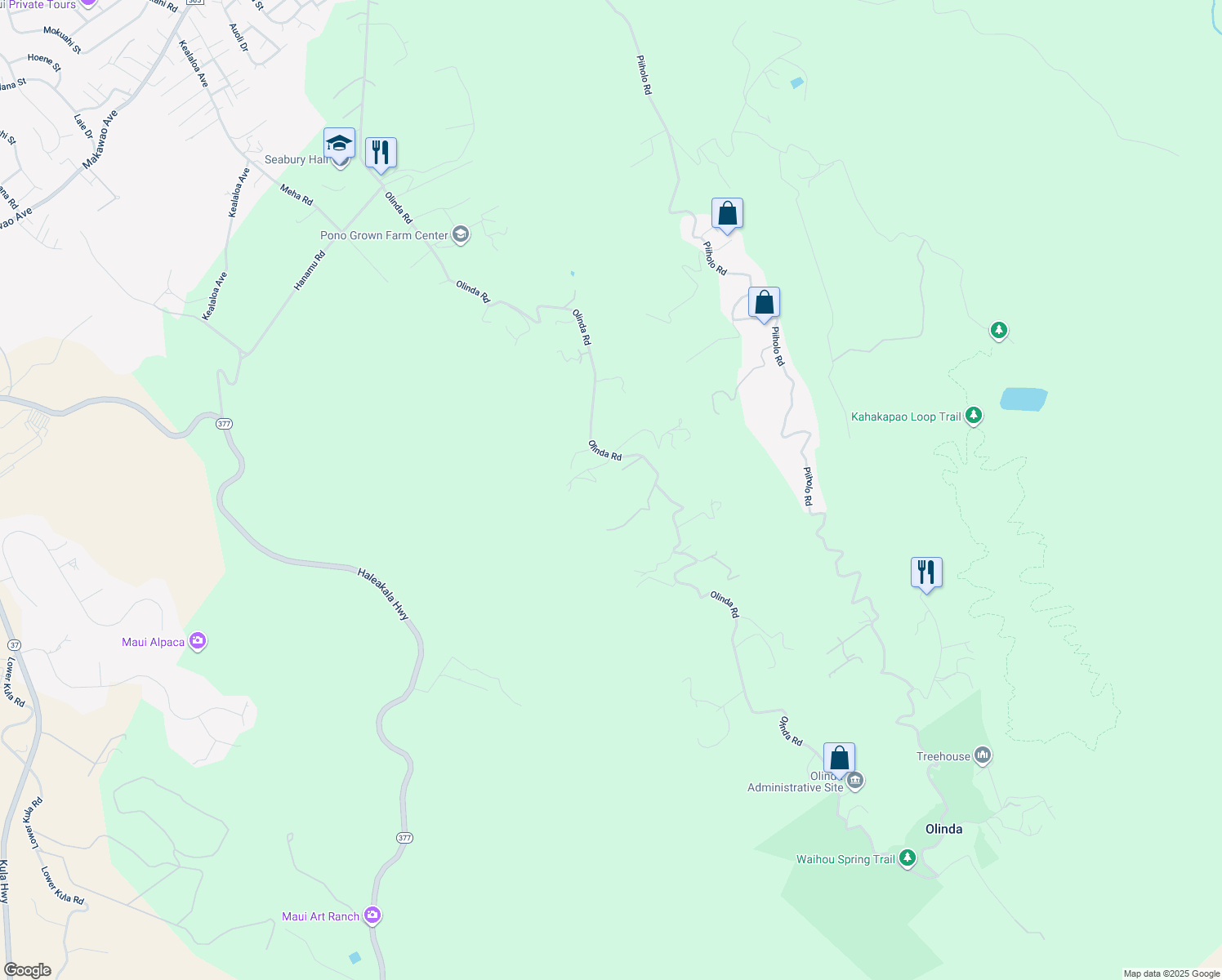 map of restaurants, bars, coffee shops, grocery stores, and more near 35 Pukiki Place in Makawao