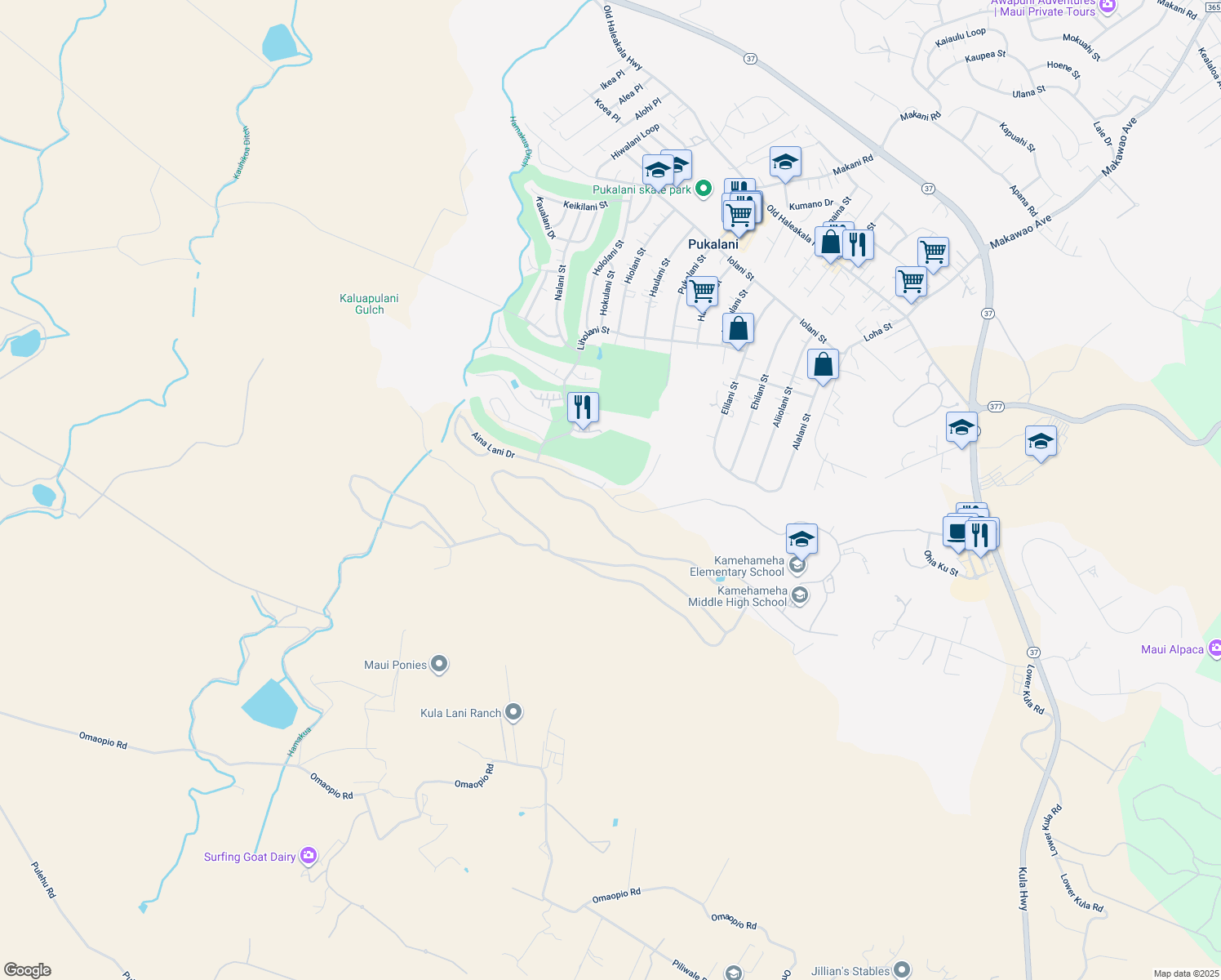 map of restaurants, bars, coffee shops, grocery stores, and more near 3029 Aina Lani Drive in Makawao