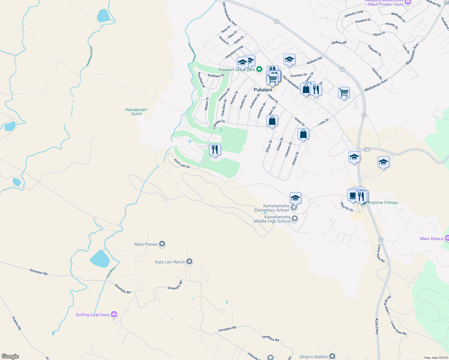 map of restaurants, bars, coffee shops, grocery stores, and more near 3029 Aina Lani Drive in Makawao