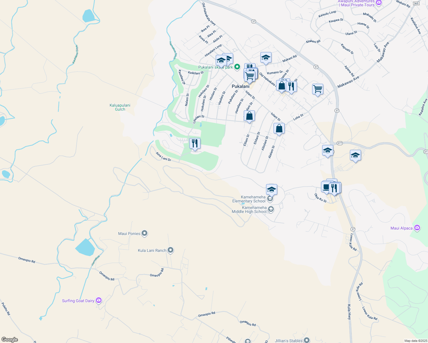 map of restaurants, bars, coffee shops, grocery stores, and more near 55 Alaapapa Place in Makawao