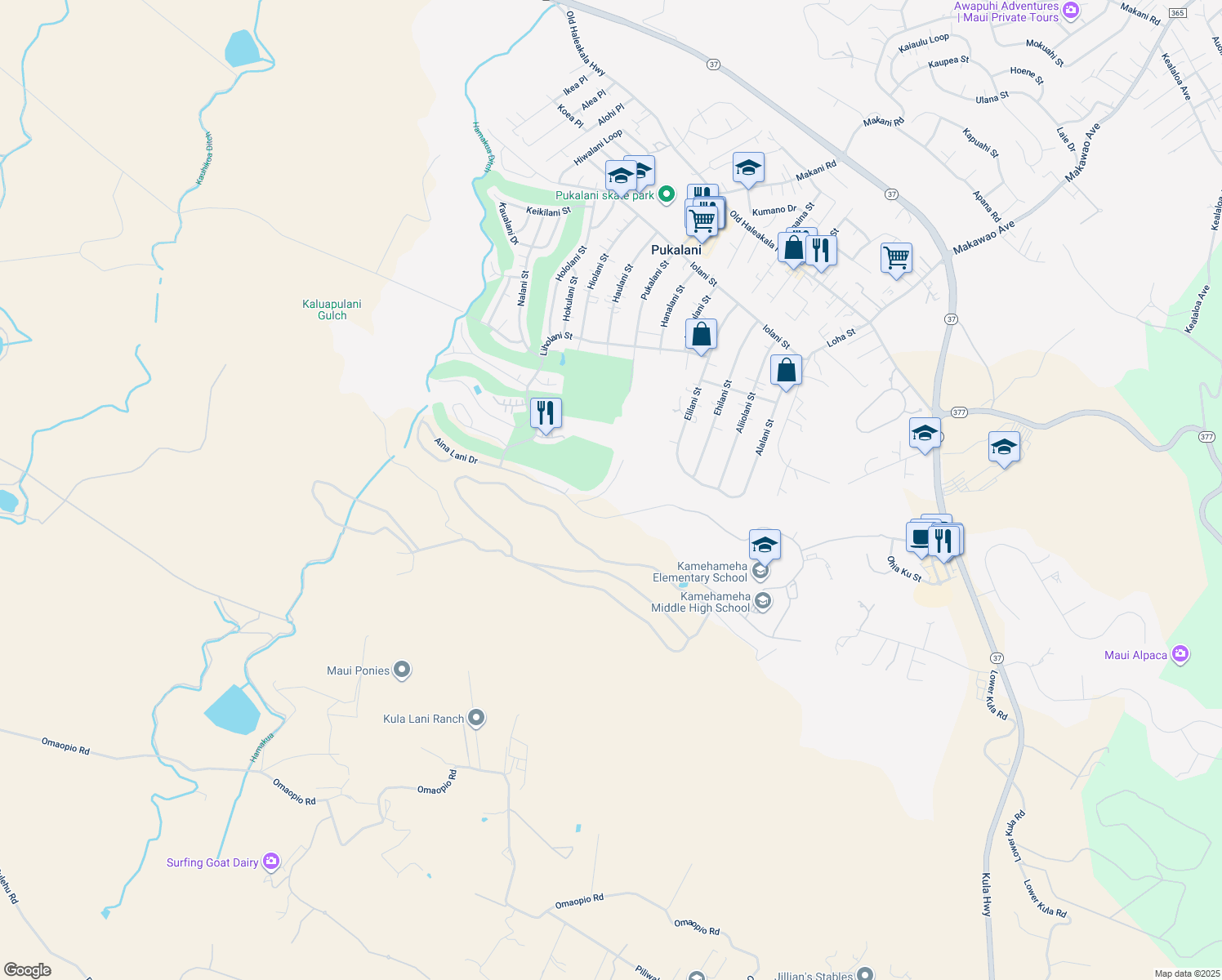 map of restaurants, bars, coffee shops, grocery stores, and more near 68 Alaapapa Place in Makawao