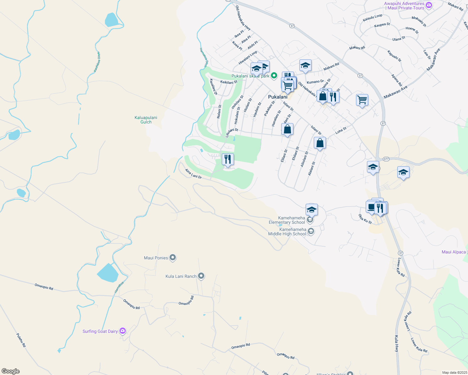 map of restaurants, bars, coffee shops, grocery stores, and more near 3005 Aina Lani Drive in Makawao