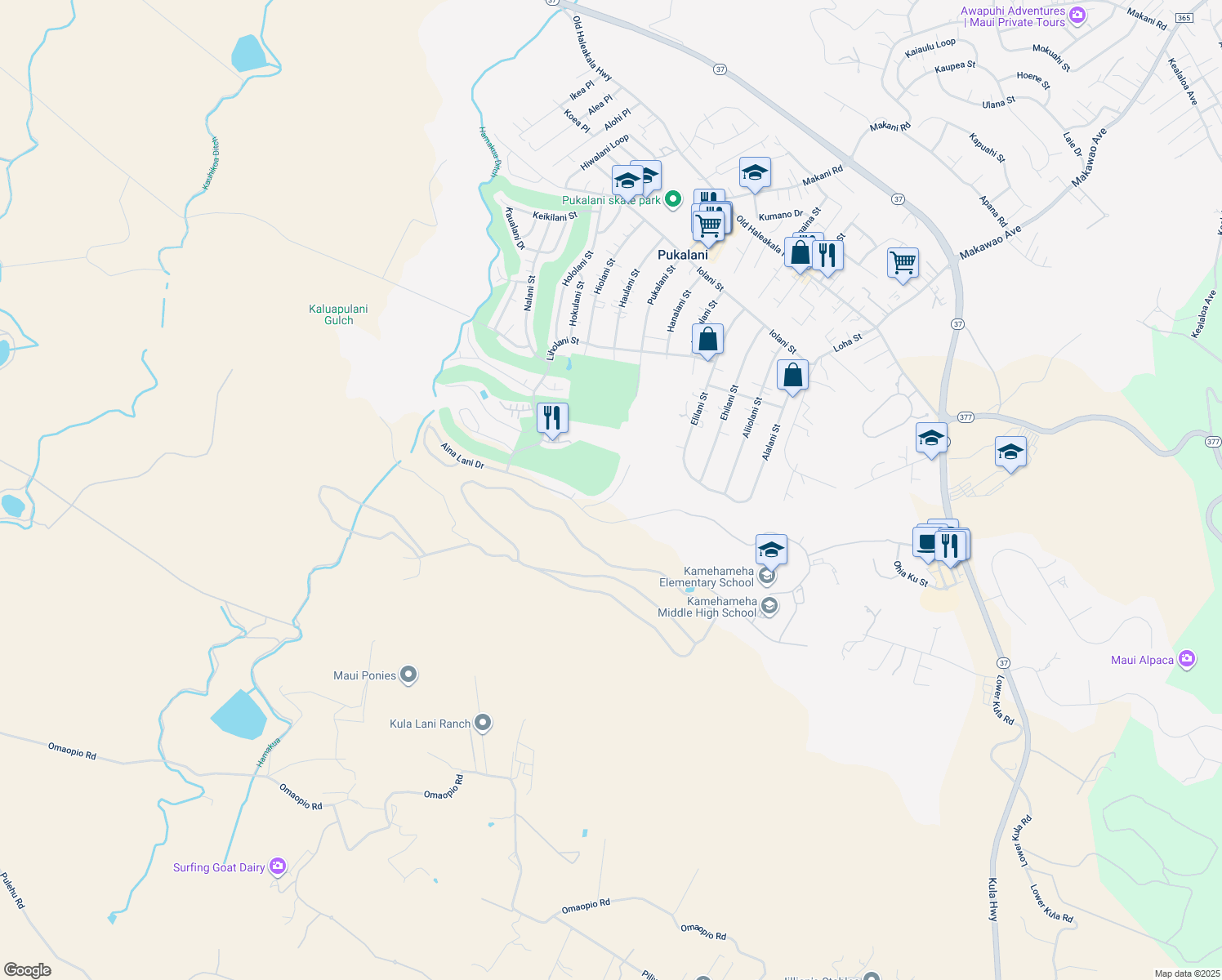 map of restaurants, bars, coffee shops, grocery stores, and more near 55 Alaapapa Place in Makawao
