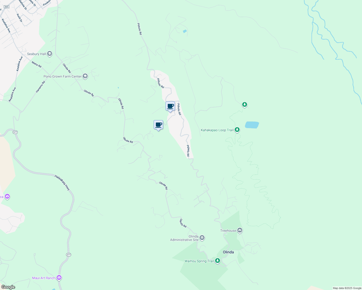 map of restaurants, bars, coffee shops, grocery stores, and more near 1690 Piiholo Road in Makawao