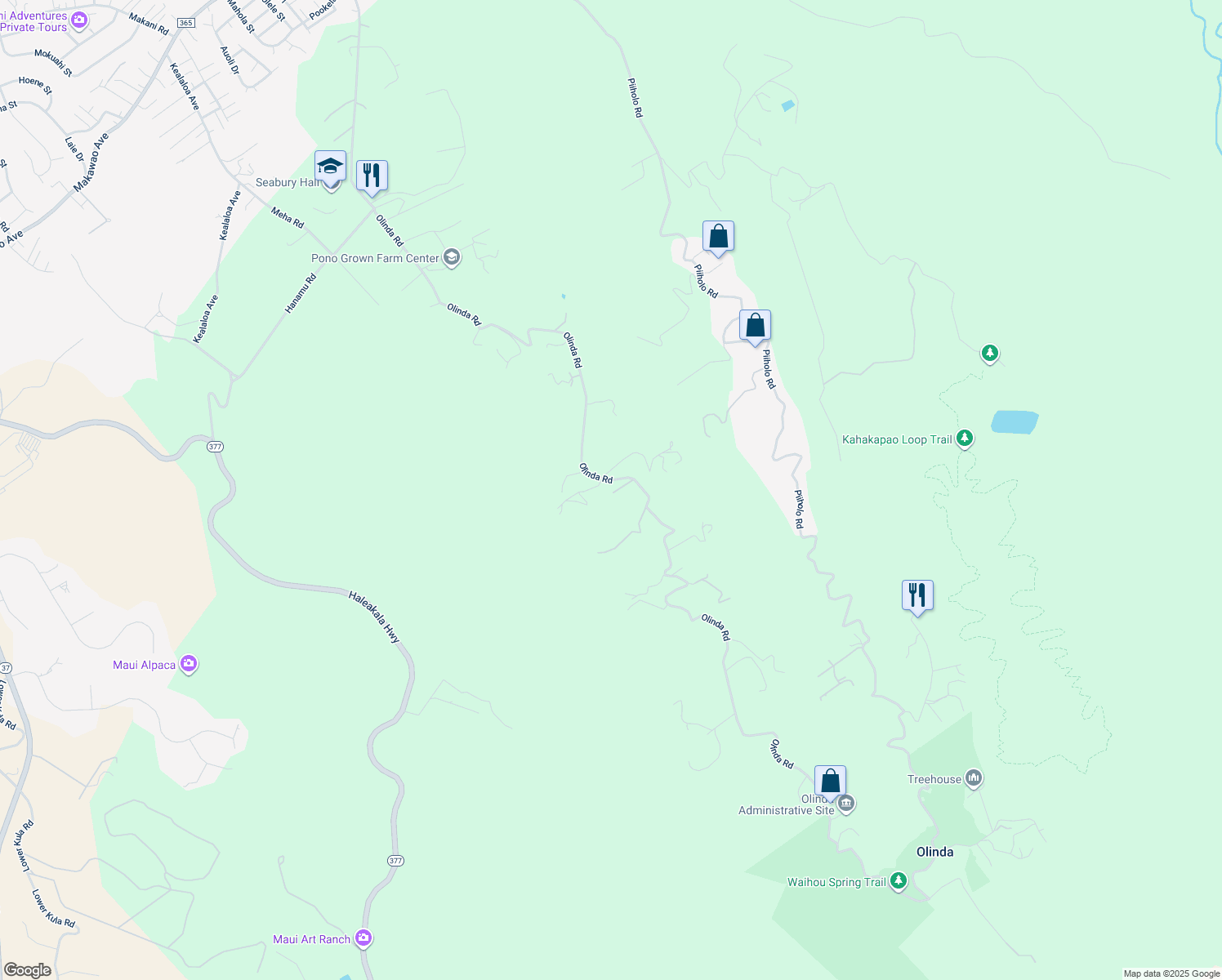 map of restaurants, bars, coffee shops, grocery stores, and more near 1310 Olinda Road in Makawao
