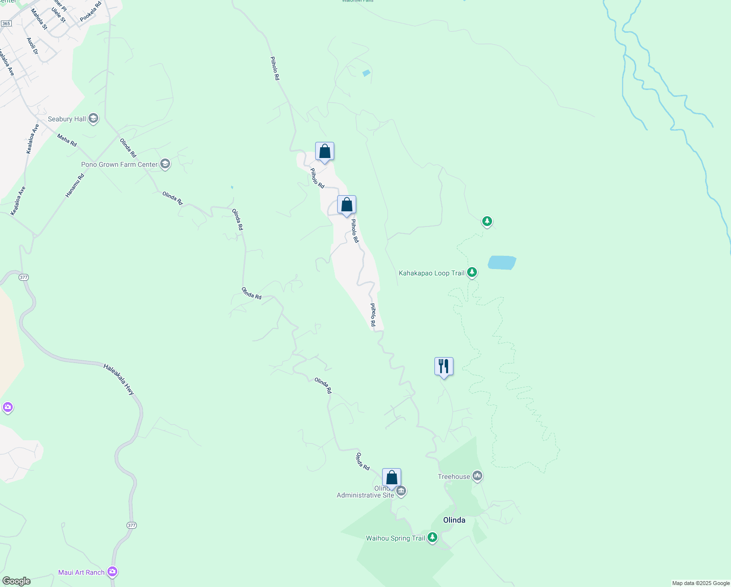 map of restaurants, bars, coffee shops, grocery stores, and more near 1670 Piiholo Road in Makawao