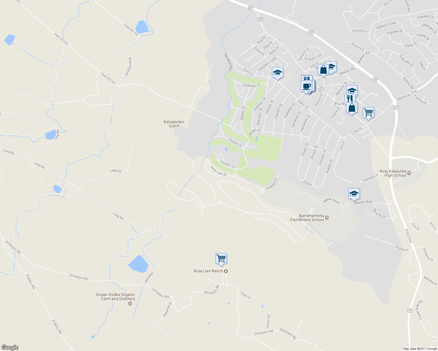map of restaurants, bars, coffee shops, grocery stores, and more near 2746 Akalani Loop in Makawao