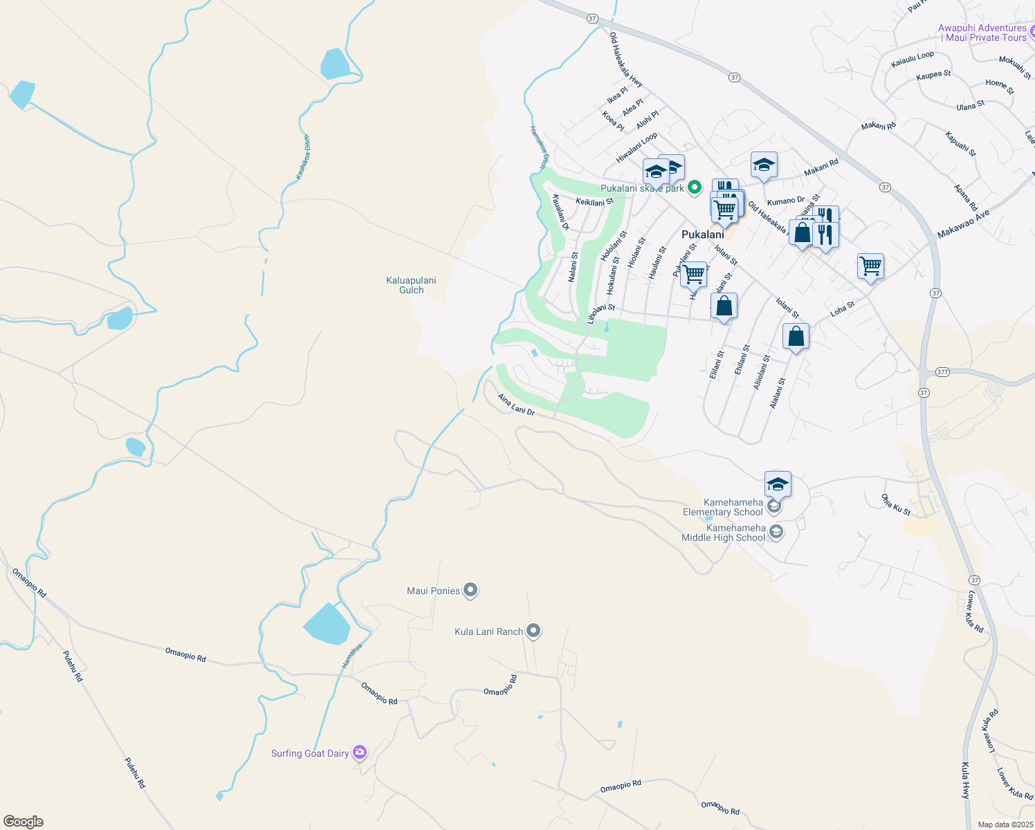 map of restaurants, bars, coffee shops, grocery stores, and more near 2746 Akalani Loop in Makawao