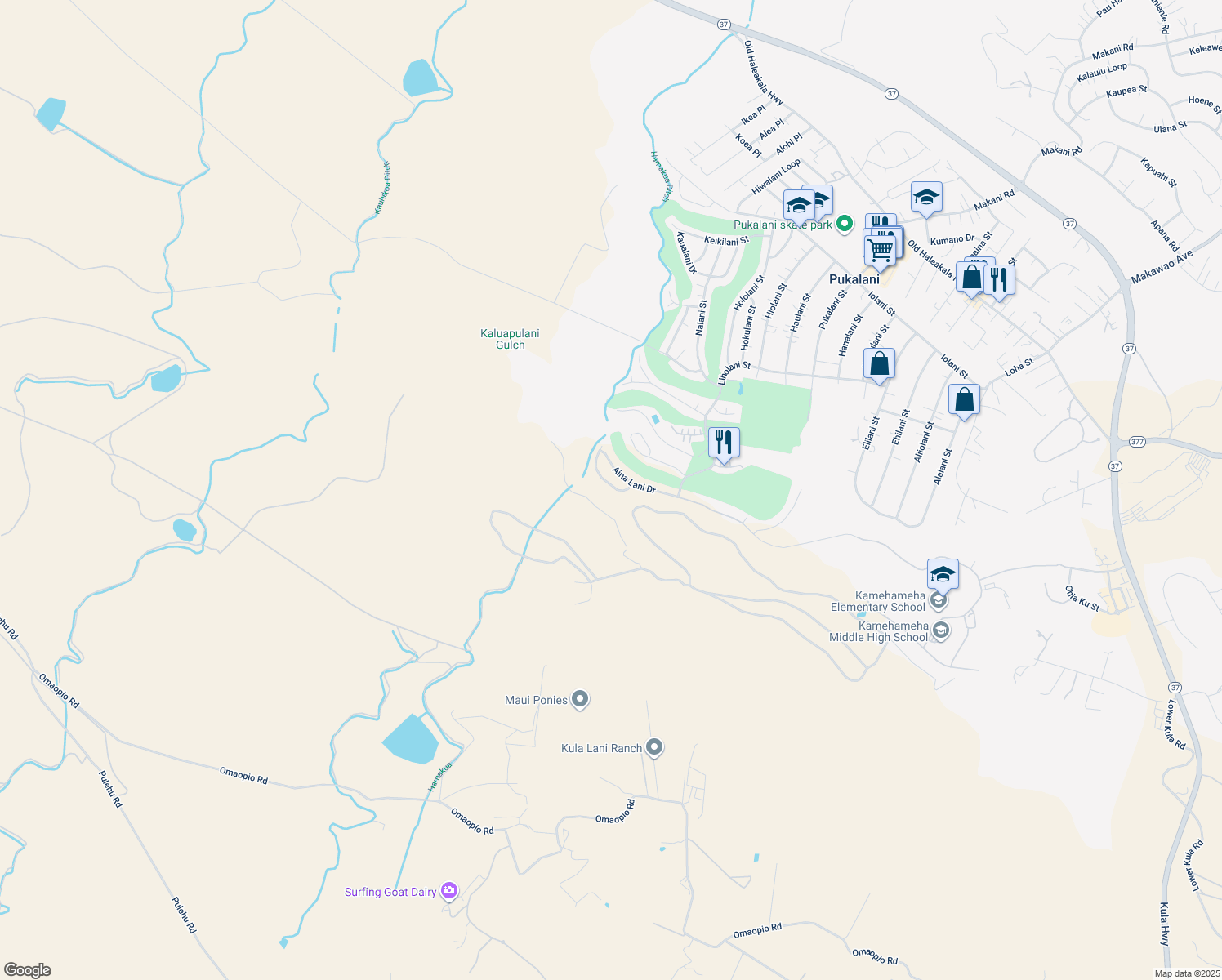 map of restaurants, bars, coffee shops, grocery stores, and more near 2716 Akalani Loop in Makawao