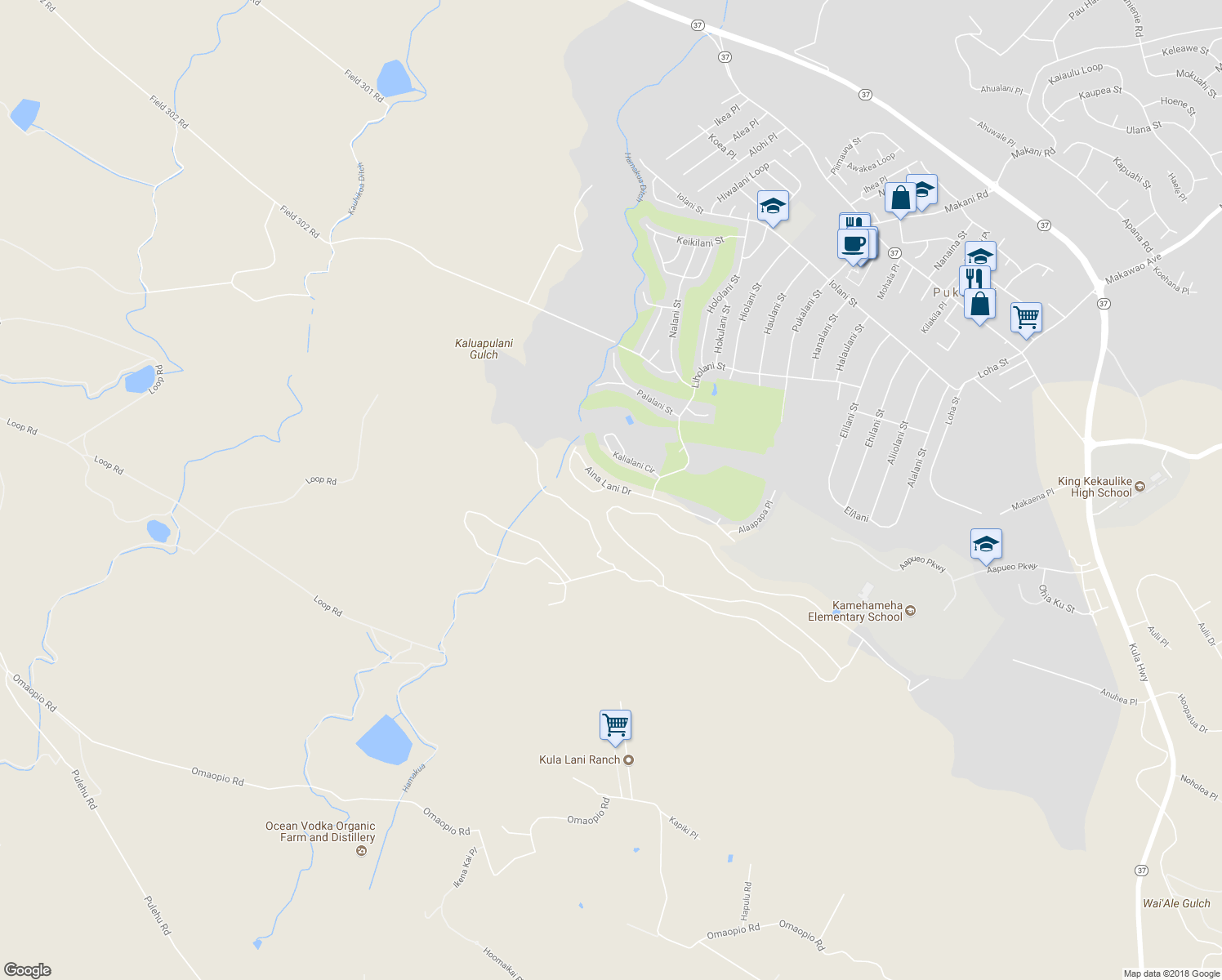 map of restaurants, bars, coffee shops, grocery stores, and more near 2748 Akalani Loop in Makawao