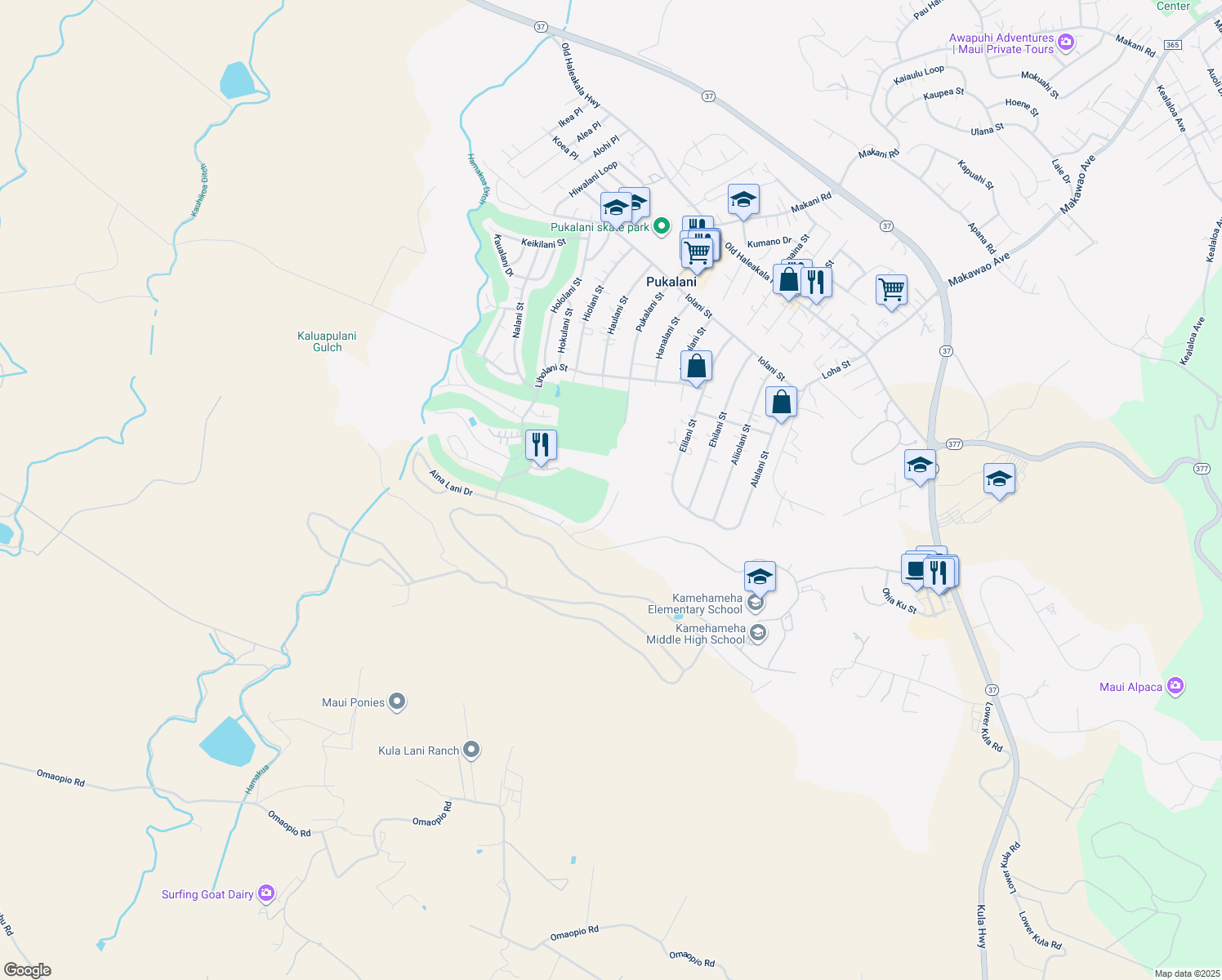 map of restaurants, bars, coffee shops, grocery stores, and more near 125 Alaapapa Place in Makawao