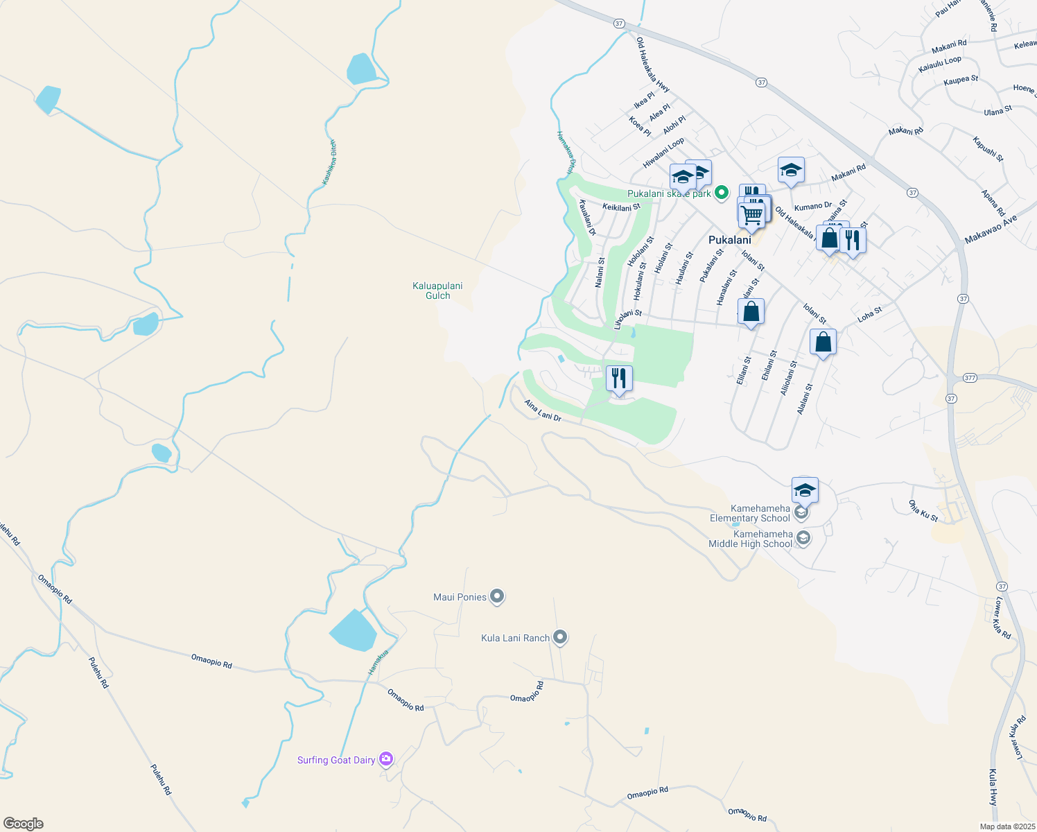 map of restaurants, bars, coffee shops, grocery stores, and more near 2716 Akalani Loop in Makawao
