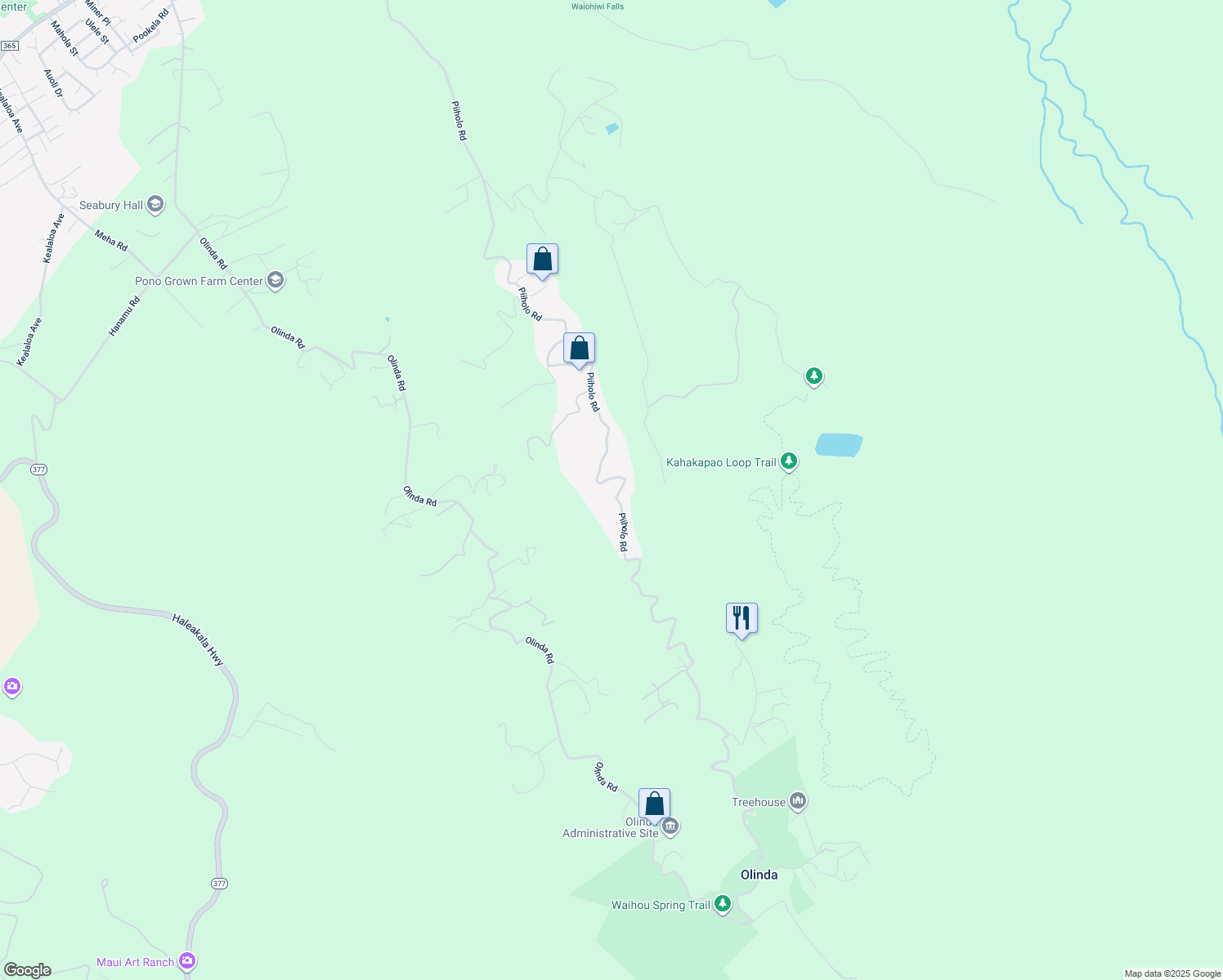 map of restaurants, bars, coffee shops, grocery stores, and more near 1670 Piiholo Road in Makawao