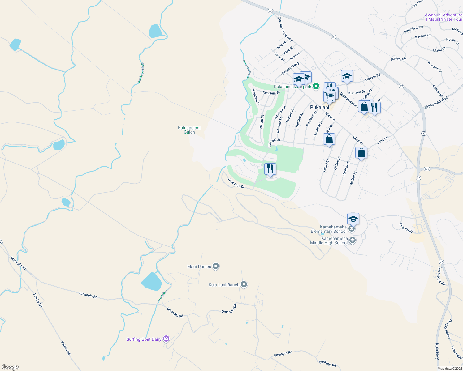 map of restaurants, bars, coffee shops, grocery stores, and more near 2737 Akalani Loop in Makawao