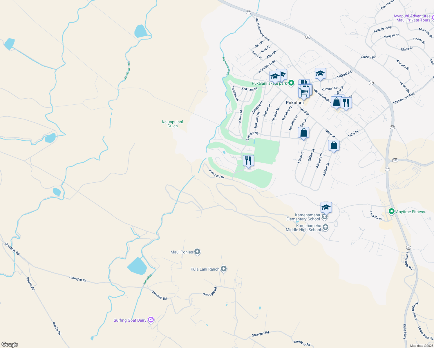 map of restaurants, bars, coffee shops, grocery stores, and more near 2739 Aina Lani Drive in Makawao